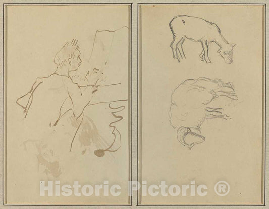 Art Print : Paul Gauguin, Man Playing Piano; Two Sheep [Verso], 1884-1888 - Vintage Wall Art