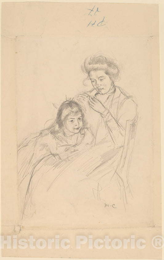 Art Print : Mary Cassatt, Margot Leaning Against Reine's Knee, c. 1902 - Vintage Wall Art
