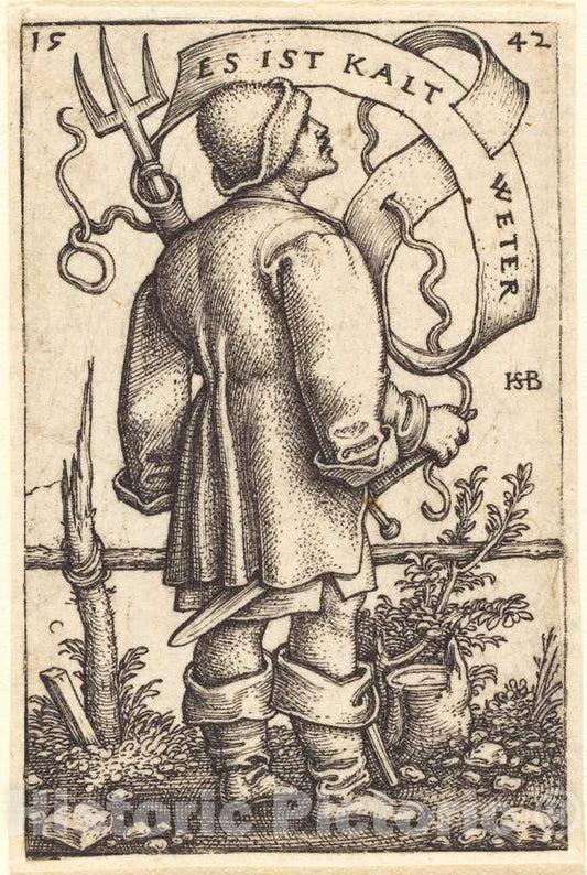 Art Print : Sebald Beham, The Weather Peasant: ES ist Kalt Weter, 1542 - Vintage Wall Art