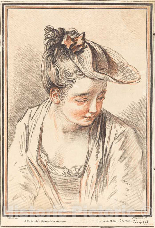 Art Print : Demarteau After Watteau, Head of a Young Woman, 1773 - Vintage Wall Art