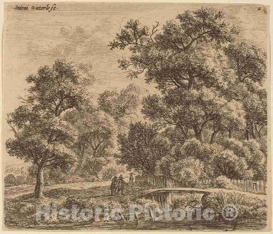 Art Print : Anthonie Waterloo, Wooded Landscape with a Bridge - Vintage Wall Art