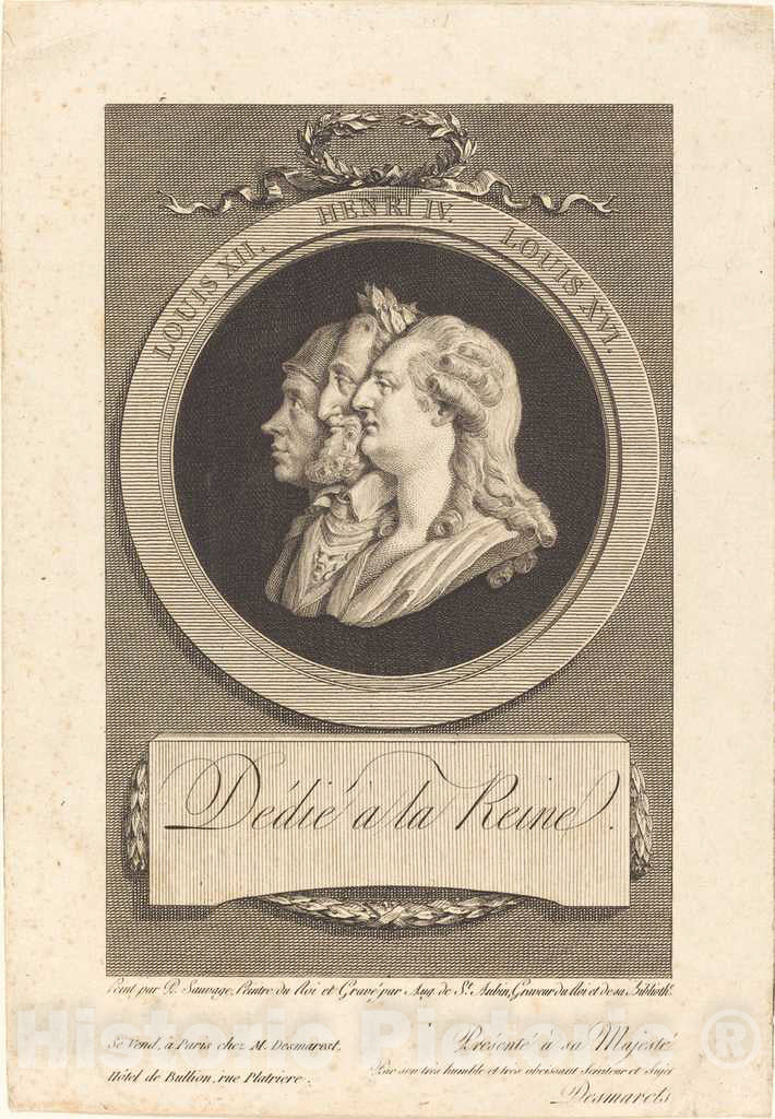 Art Print : Saint-Aubin After Piat Sauvage, Louis XVI, Henri IV, and Louis XII - Vintage Wall Art