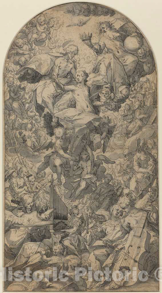 Art Print : The Coronation of The Virgin with Angel Musicians and All Saints, c. 1590 - Vintage Wall Art