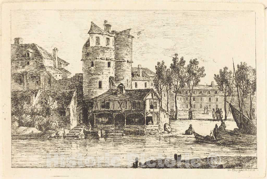 Art Print : Nicolas PÃ©rignon, Town on a River Bank with Two Round Towers, c. 1770 - Vintage Wall Art