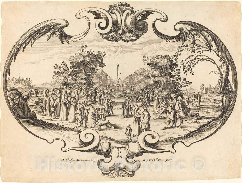 Art Print : NoÃ«l Cochin, Design for a Fan: Courtly Figures in a Landscape, mid 17th Century - Vintage Wall Art