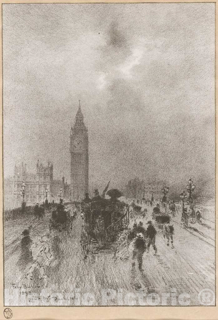 Art Print : FÃ©lix-Hilaire Buhot, The Victoria Clock Tower London, 1892 - Vintage Wall Art