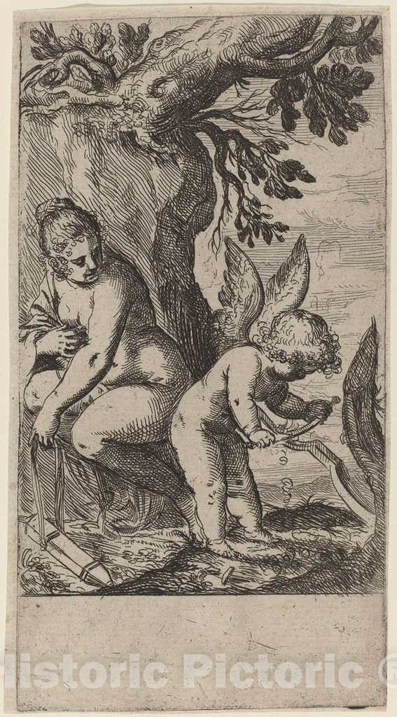 Art Print : Odoardo Fialetti, Venus with Cupid Whittling His Bow, c. 1617 - Vintage Wall Art