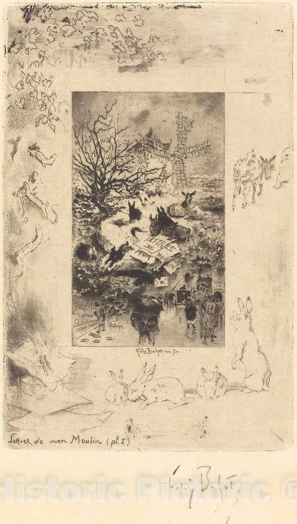 Art Print : FÃ©lix-Hilaire Buhot, Title Page for Lettres de Mon Moulin, c. 1885 - Vintage Wall Art