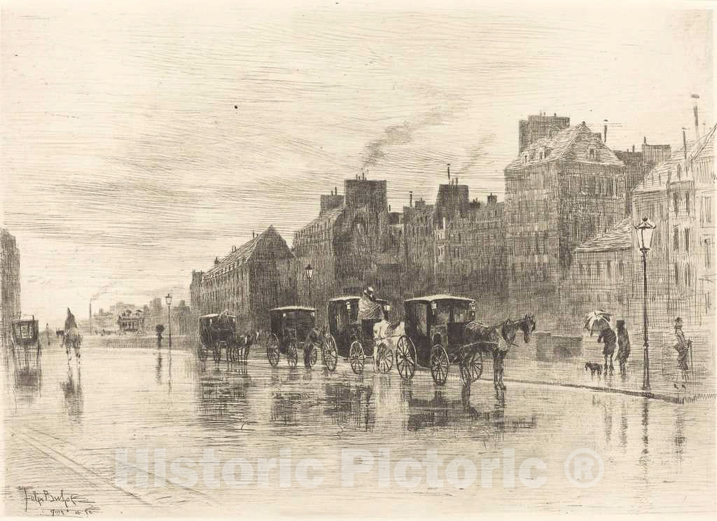 Art Print : FÃ©lix-Hilaire Buhot, Une MatinÃ©e d'hiver au Quai de l'HÃ´tel-Dieu, 1876 - Vintage Wall Art
