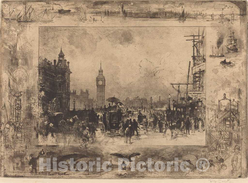 Art Print : FÃ©lix-Hilaire Buhot, Westminster Bridge, 1884 - Vintage Wall Art
