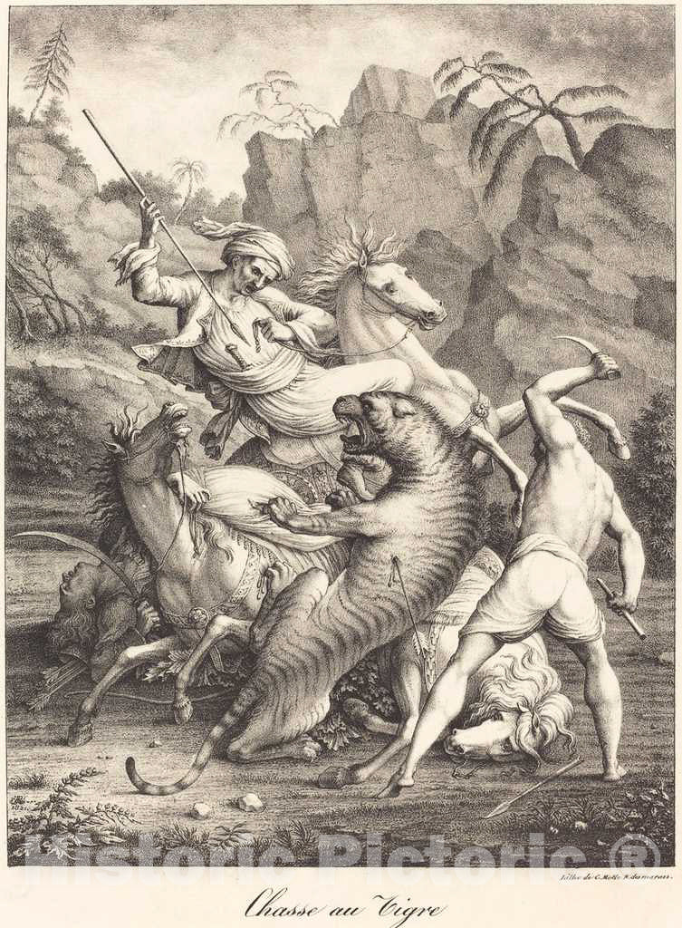 Art Print : Motte After Jacques Regnier, Tiger Hunt, 1821 - Vintage Wall Art