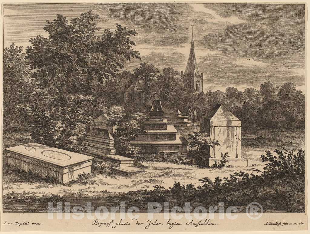 Art Print : Blooteling After Van Ruisdael, Begraef-plaets der Joden, buyten Amsteldam (Jewish Cemetery Outside Amsterdam), 1670 - Vintage Wall Art