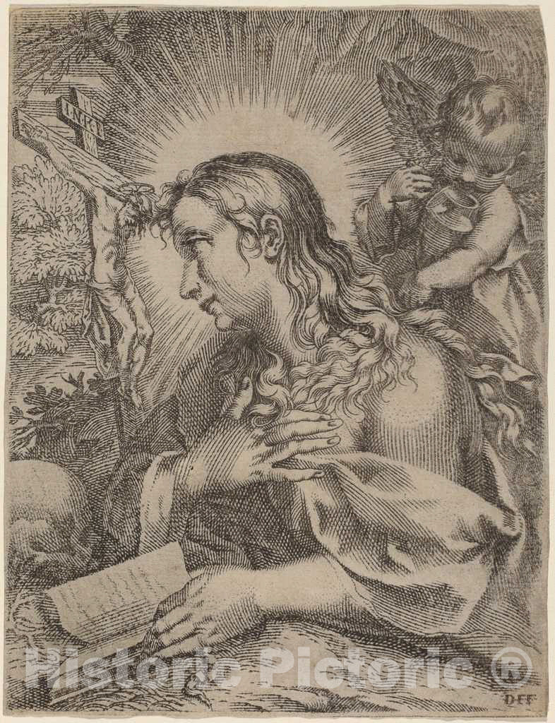 Art Print : Falcini After Villamena After Vanni, The Penitent Magdalene, 17th Century - Vintage Wall Art