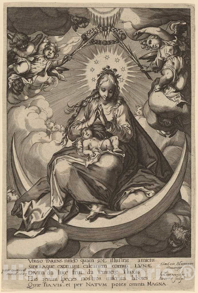 Art Print : Helias Van den Bossche After Bloemaert, The Virgin and Child on The Crescent, 1607 - Vintage Wall Art
