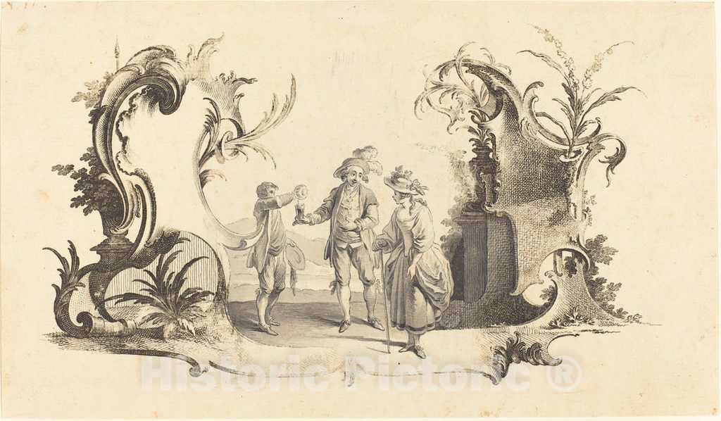 Art Print : Johann Esaias Nilson, Cartouche Moderne with a Young Couple Being Served Wine - Vintage Wall Art
