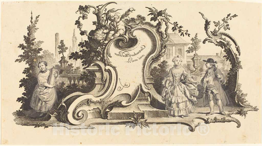 Art Print : Johann Esaias Nilson, Cartouches Modernes ornÃ© avec des [diferentes Figures] (Plate VI-1 from The Set) - Vintage Wall Art