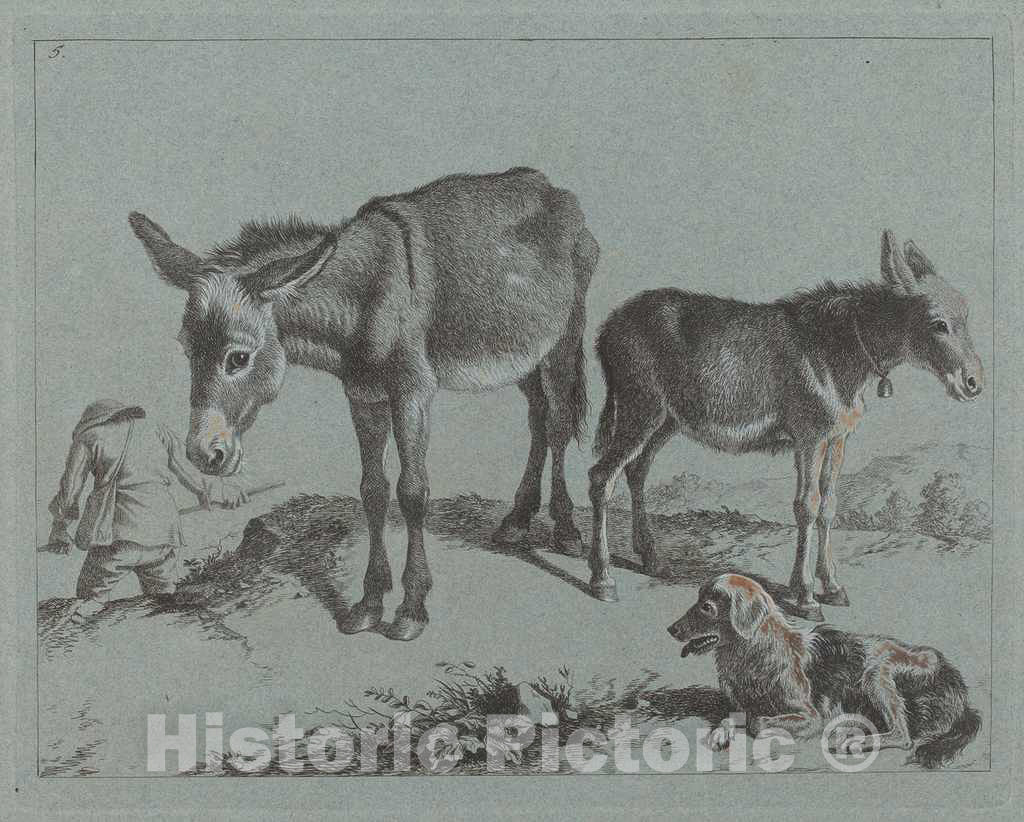 Art Print : Francesco Londonio, Donkey with her Foal, a Dog, and a Peasant Man, c.1763 - Vintage Wall Art