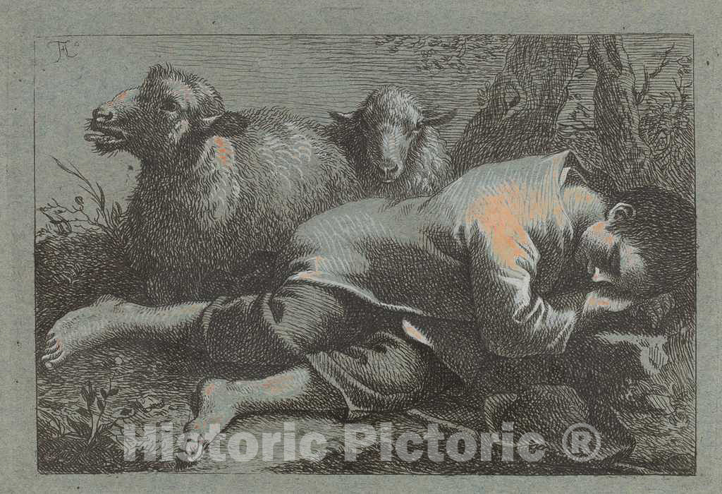 Art Print : Francesco Londonio, Peasant Boy Asleep Near Two Sheep, c.1759 - Vintage Wall Art