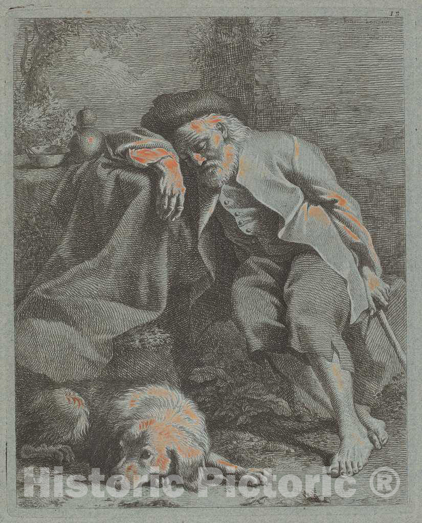 Art Print : Francesco Londonio, Sleeping Old Man with Dog, 1759 - Vintage Wall Art