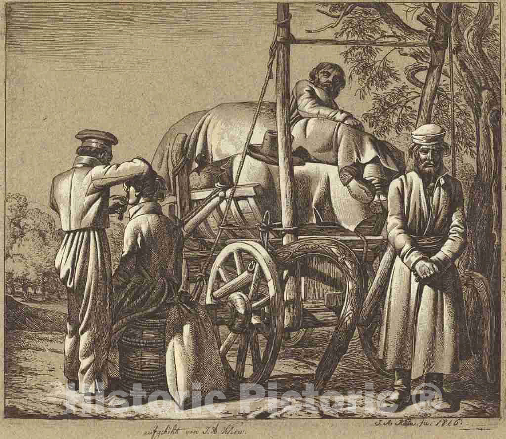 Art Print : Johann Adam Klein, Russian Soldiers with a Barber, 1816 - Vintage Wall Art