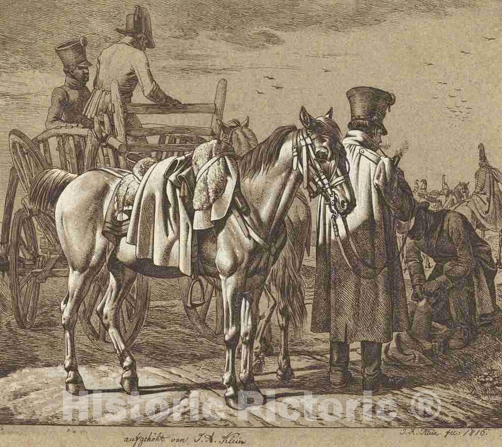 Art Print : Johann Adam Klein, Horse with Soldiers Smoking Pipe/Military Scene, 1816 - Vintage Wall Art