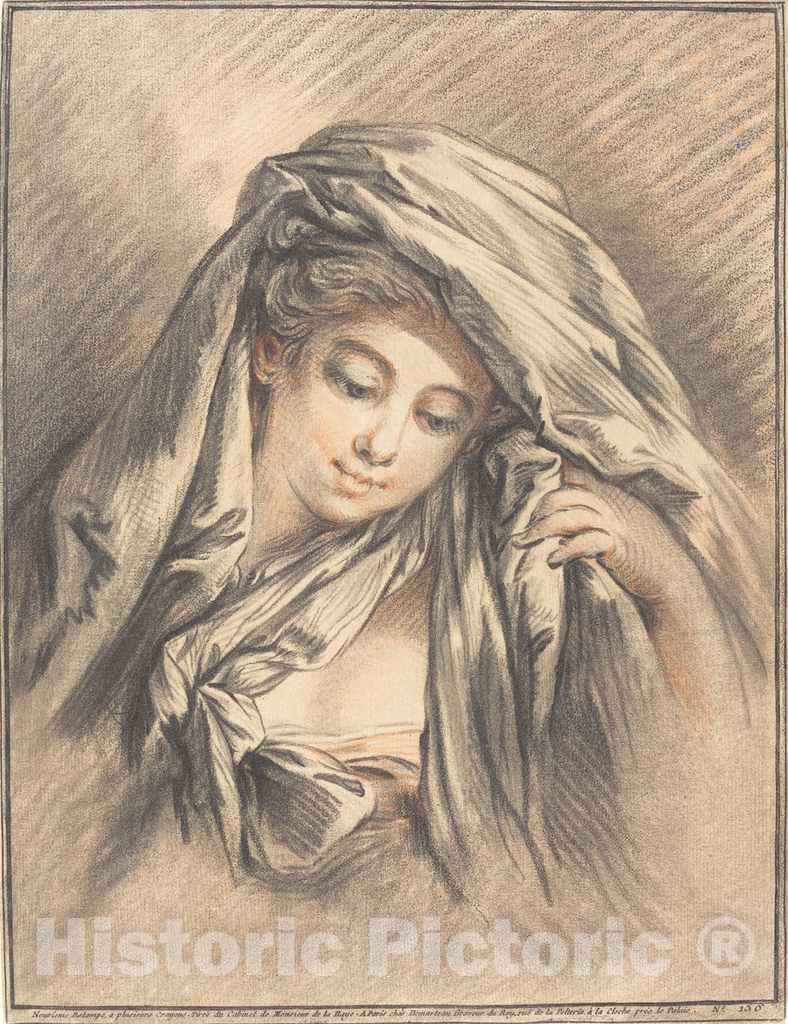 Art Print : Demarteau After Boucher, Young Woman with Her Head Covered, 1767 - Vintage Wall Art