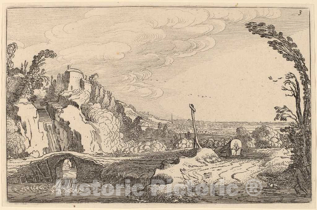Art Print : Jan Van de Velde II, Cascade Under a Stone Bridge, c. 1616 - Vintage Wall Art