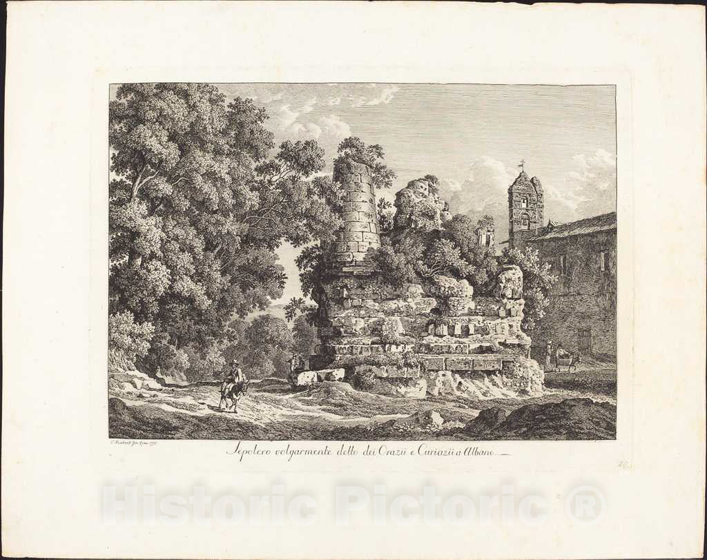 Art Print : Johann Christian Reinhart, Sepolcro volgarmente detto Degli Orazii e Curiazii a Albano, 1795 - Vintage Wall Art