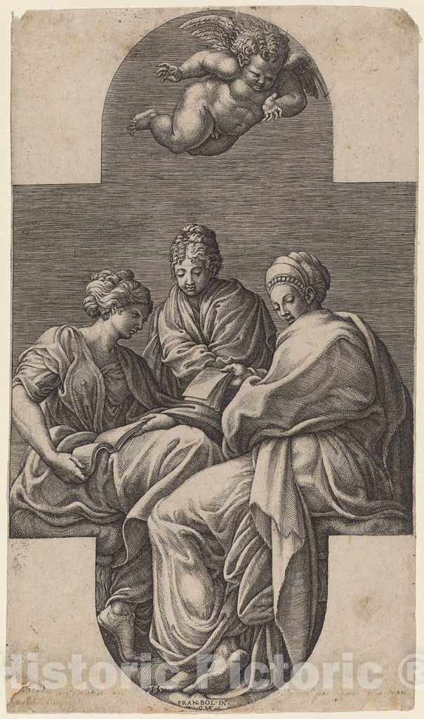 Art Print : Ghisi After Primaticcio, Three Muses and a Gesturing Putto, 1560s - Vintage Wall Art