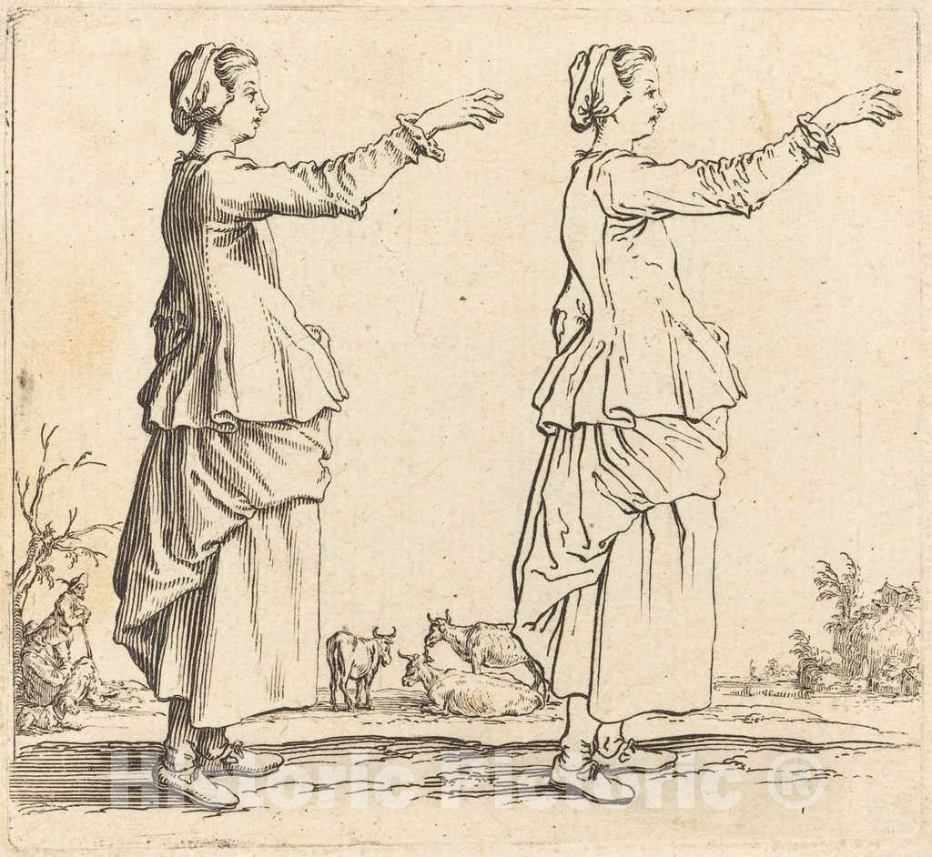 Art Print : Jacques Callot, Peasant Woman, in Profile, Facing Right, with Arm Extended, 1617 and 1621 - Vintage Wall Art