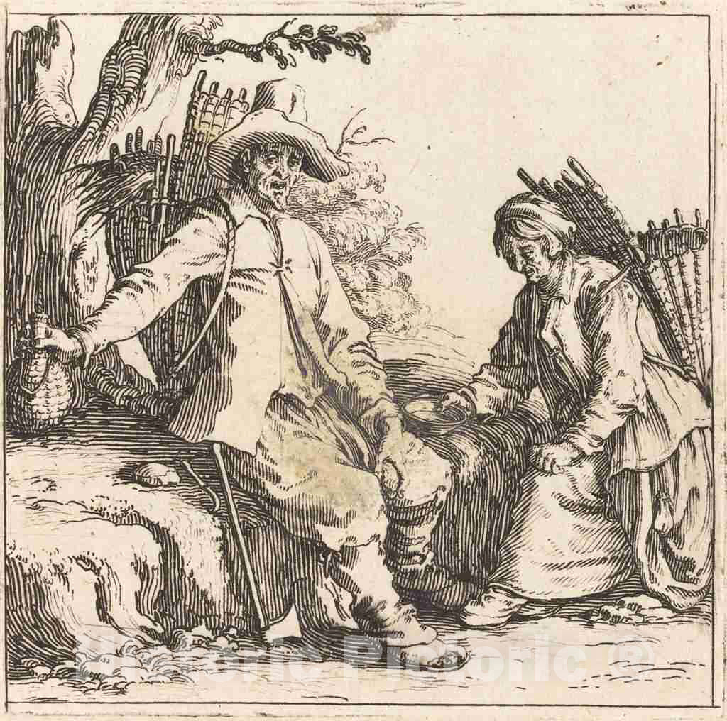 Art Print : Jacques Callot, Peasant Couple at Rest, c. 1621 - Vintage Wall Art