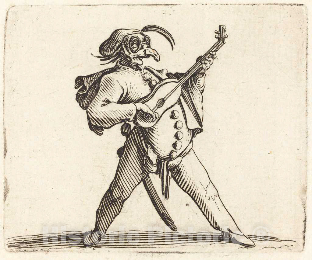 Art Print : Jacques Callot, The Masked Comedian Playing a Guitar, c. 1622 - Vintage Wall Art