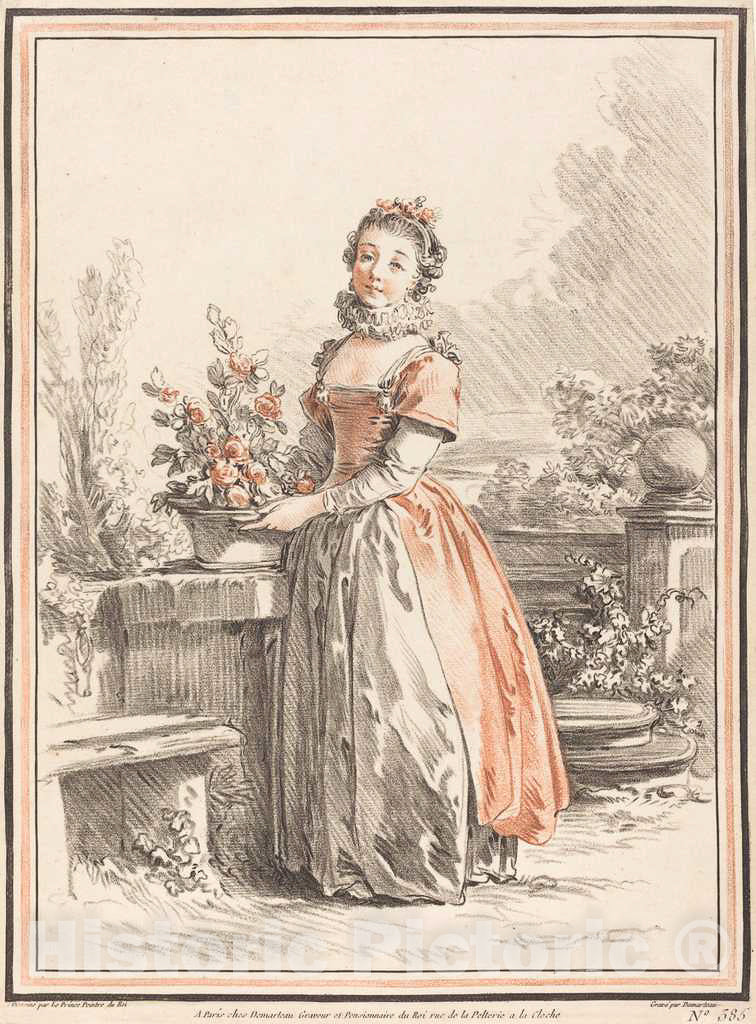 Art Print : Demarteau After Le Prince, A Young Woman Standing in a Park, c. 1770 - Vintage Wall Art