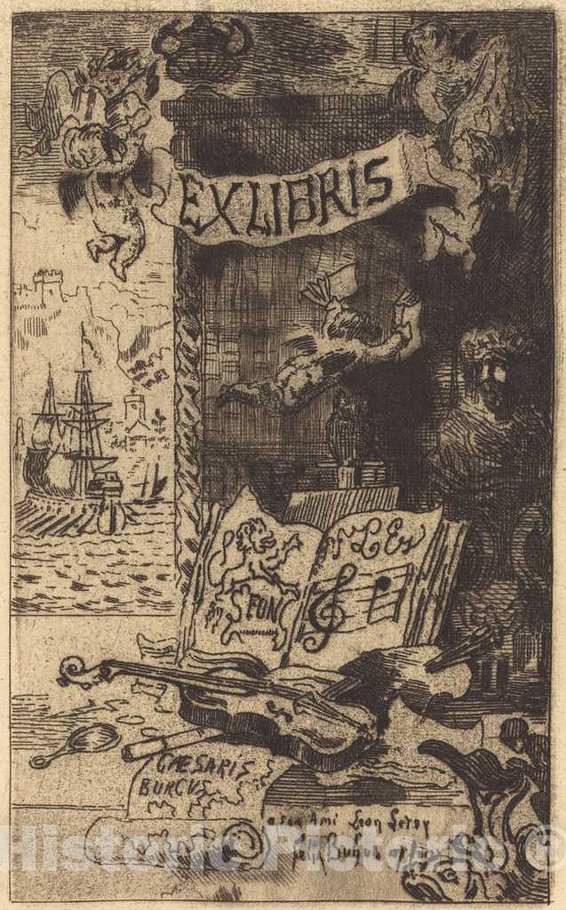 Art Print : FÃ©lix-Hilaire Buhot, Ex-libris de LÃ©on Lerey (Ex-libris of Leon Lerey), c.1876 - Vintage Wall Art