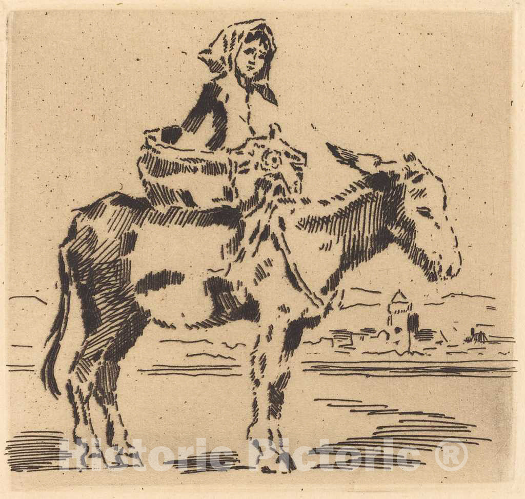 Art Print : FÃ©lix-Hilaire Buhot, CacoletiÃ¨re Ã  la Tour (Woman Riding an Ass Near a Tower) - Vintage Wall Art