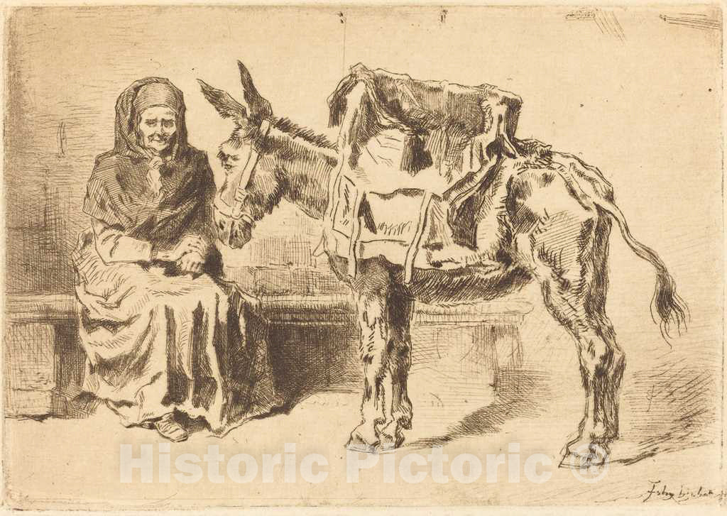 Art Print : FÃ©lix-Hilaire Buhot, CacoletiÃ¨re Assise (Seated Woman and Ass), 1875 - Vintage Wall Art