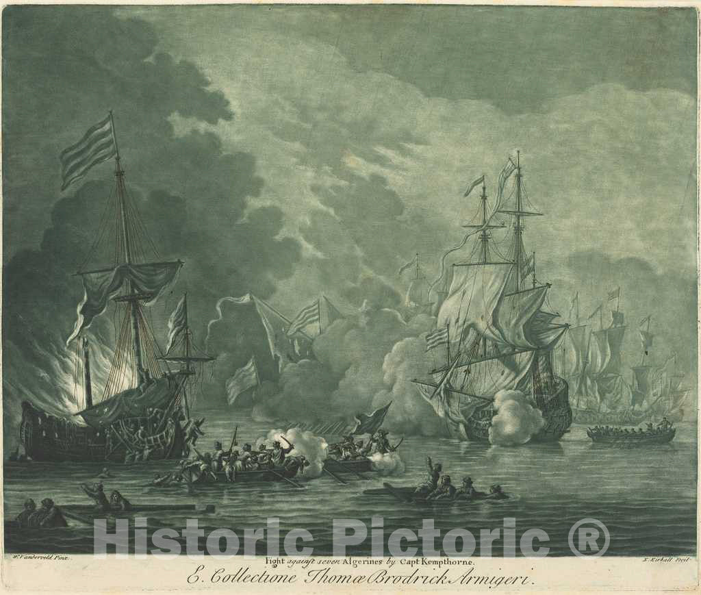 Art Print : Kirkall After Van de Velde The Elder, Fight Against Seven Algerines, 1720s - Vintage Wall Art