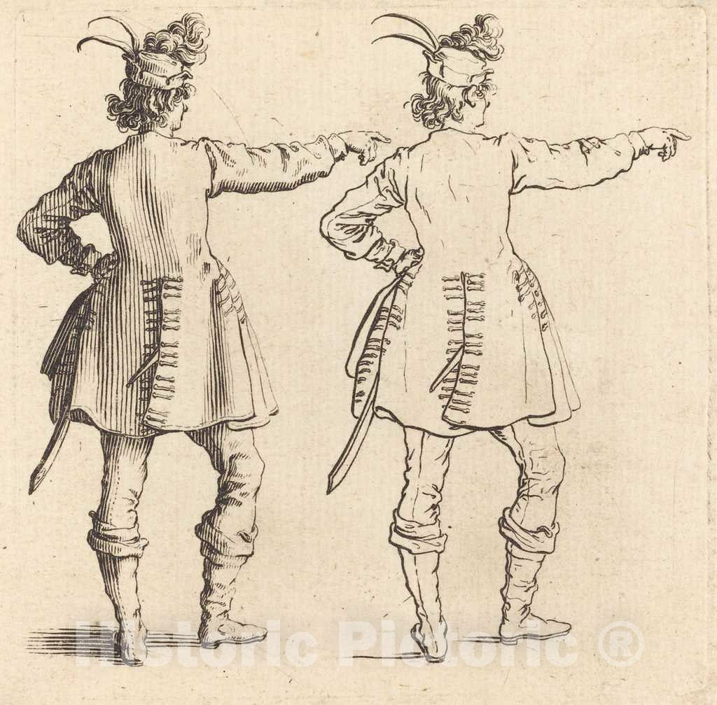 Art Print : Jacques Callot, Officer with Feathers in Cap, Seen from Behind, 1617 and 1621 - Vintage Wall Art