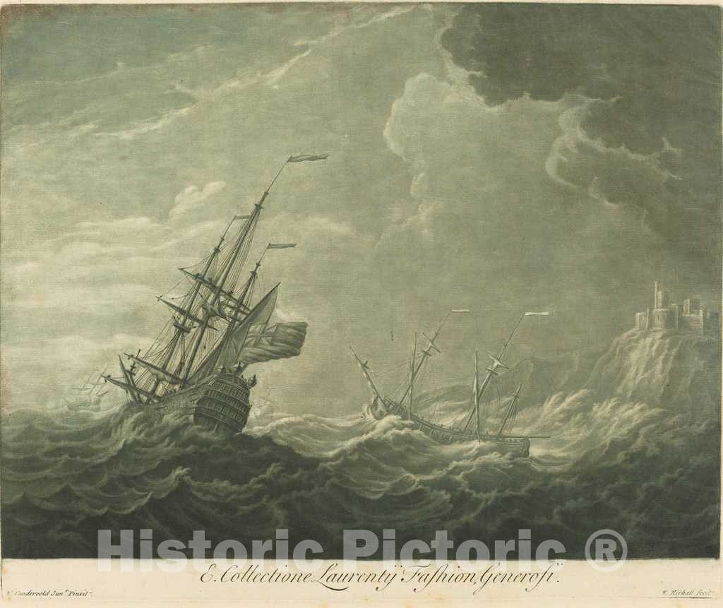 Art Print : Kirkall After Van de Velde The Younger, Shipping Scene from The Collection of Lawrence Fashion, 1720s - Vintage Wall Art
