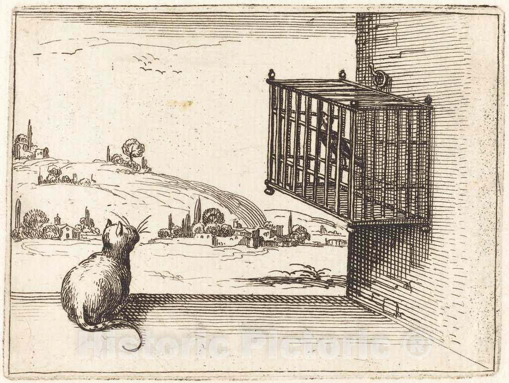 Art Print : Jacques Callot, Cat Watching Caged Bird, 1628 - Vintage Wall Art
