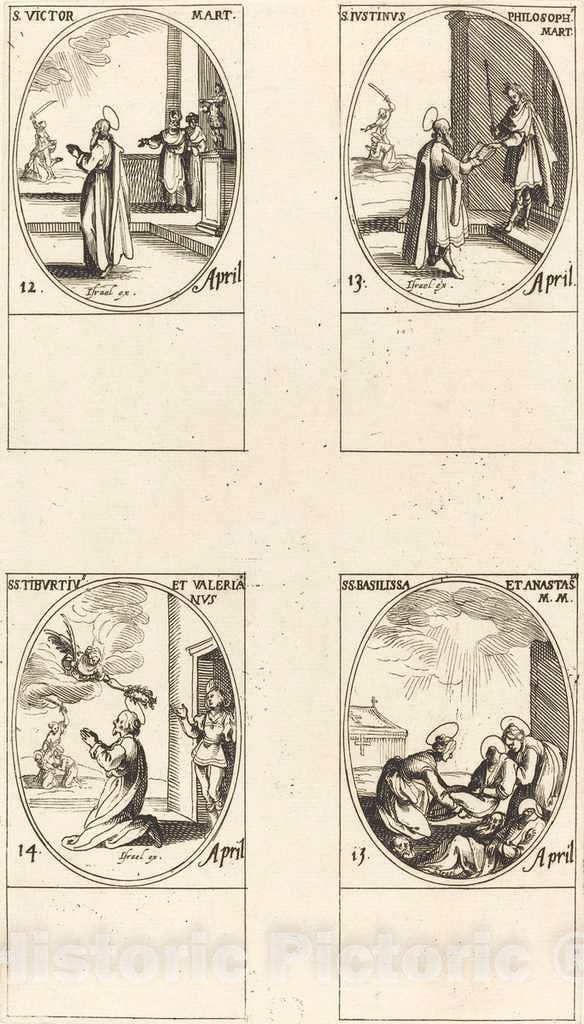 Art Print : Jacques Callot, St. Victor; St. Justinus; STS. Tiburtius and Valerianus; STS. Basilissa and Anastasia - Vintage Wall Art