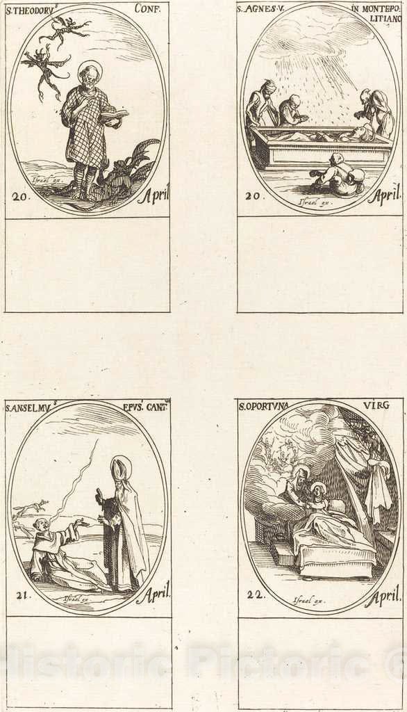 Art Print : Jacques Callot, St. Theodorus; St. Agnes of Monte Pulciano; St. Anselme, Archbishop of Canterbury; St - Vintage Wall Art