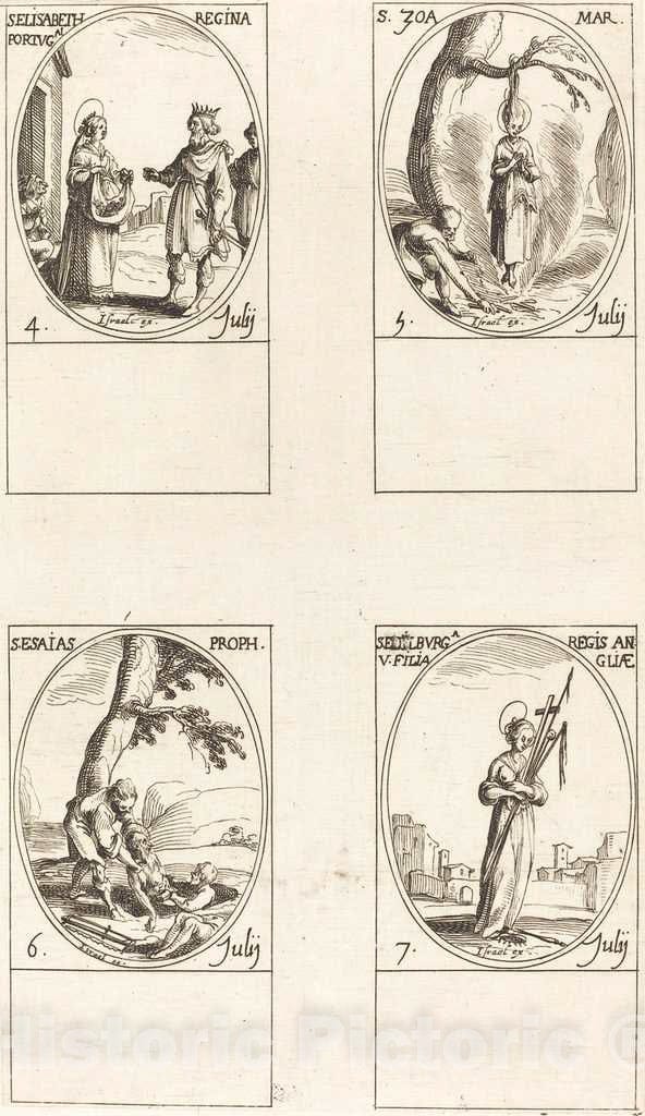 Art Print : Jacques Callot, St. Elizabeth of Portugal; St. Zoe; St. Isaiah, Prophet; St. Edelburge - Vintage Wall Art