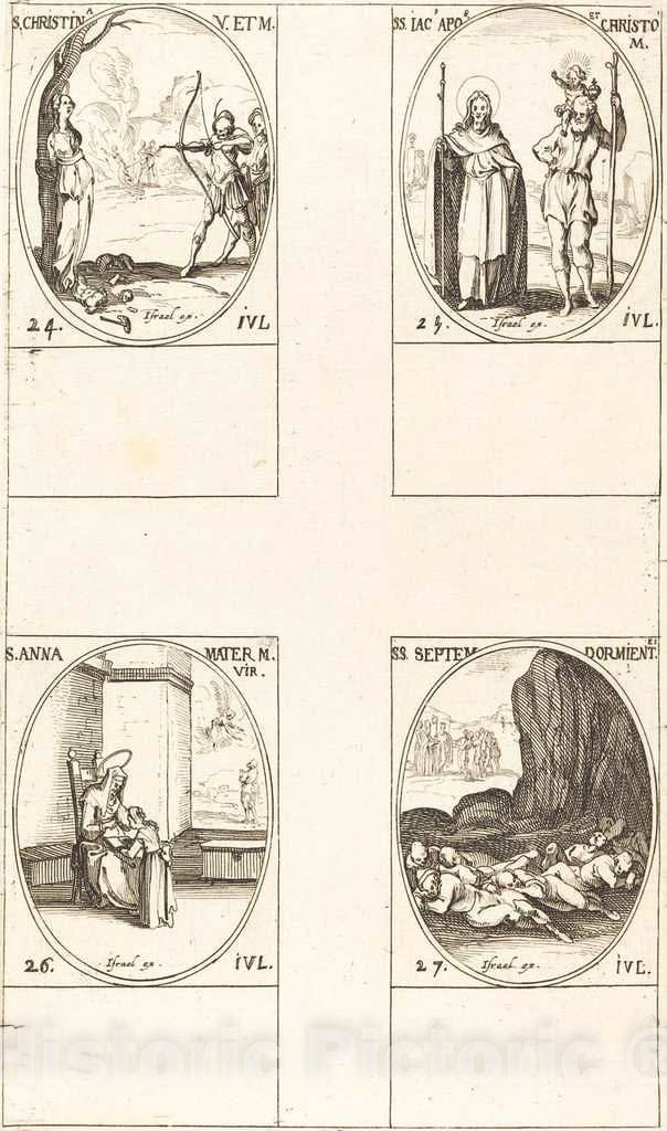 Art Print : Jacques Callot, St. Christina; St. James, Apostle, and St. Christopher; St. Anne; Seven Sleepers of E - Vintage Wall Art