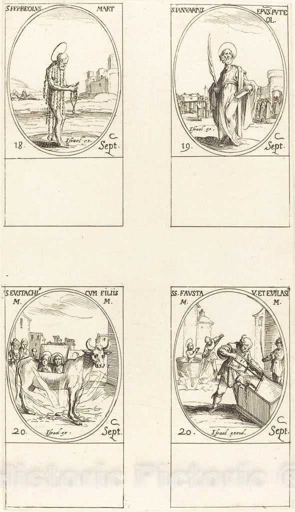 Art Print : Jacques Callot, St. Ferreolus; St. Januarius; St. Eustachius & his Children; STS. Fausta & Evelasius - Vintage Wall Art