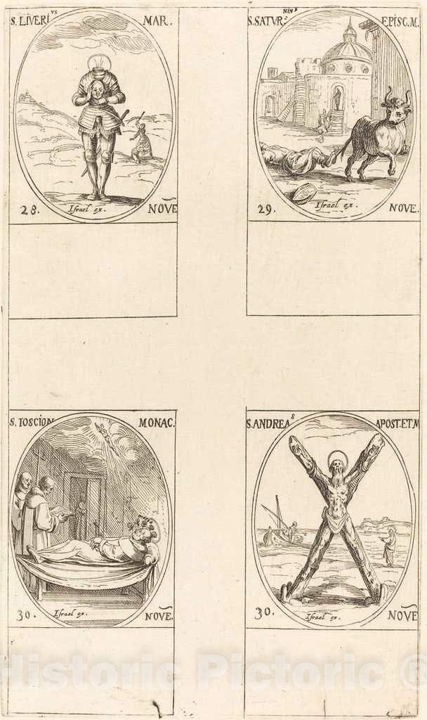 Art Print : Jacques Callot, St. Liverius; St. Saturninus; St. T(I?) oscion; St. Andrew - Vintage Wall Art