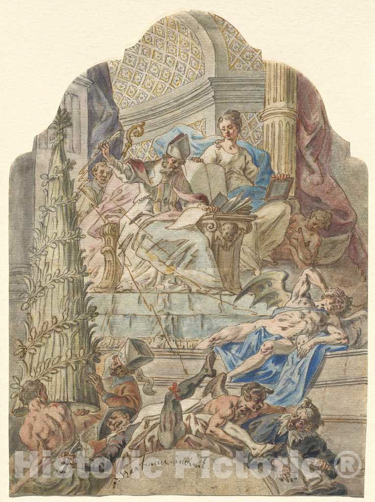 Art Print : Joseph Hartmann, Saint Augustine Subdues Heresy with Lightning Bolts from His Pen, 1770s(?) (or 1740s?) - Vintage Wall Art