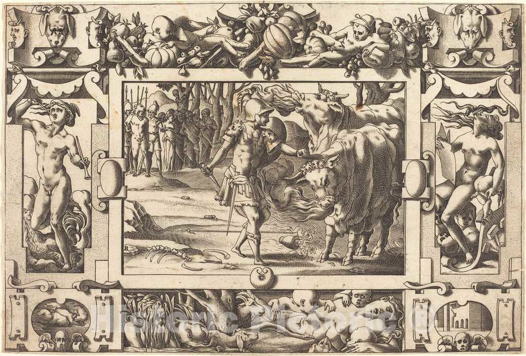 Art Print : Boyvin After Leonard Thiry, Jason Tames The Two Bulls of Mars, 1563 - Vintage Wall Art