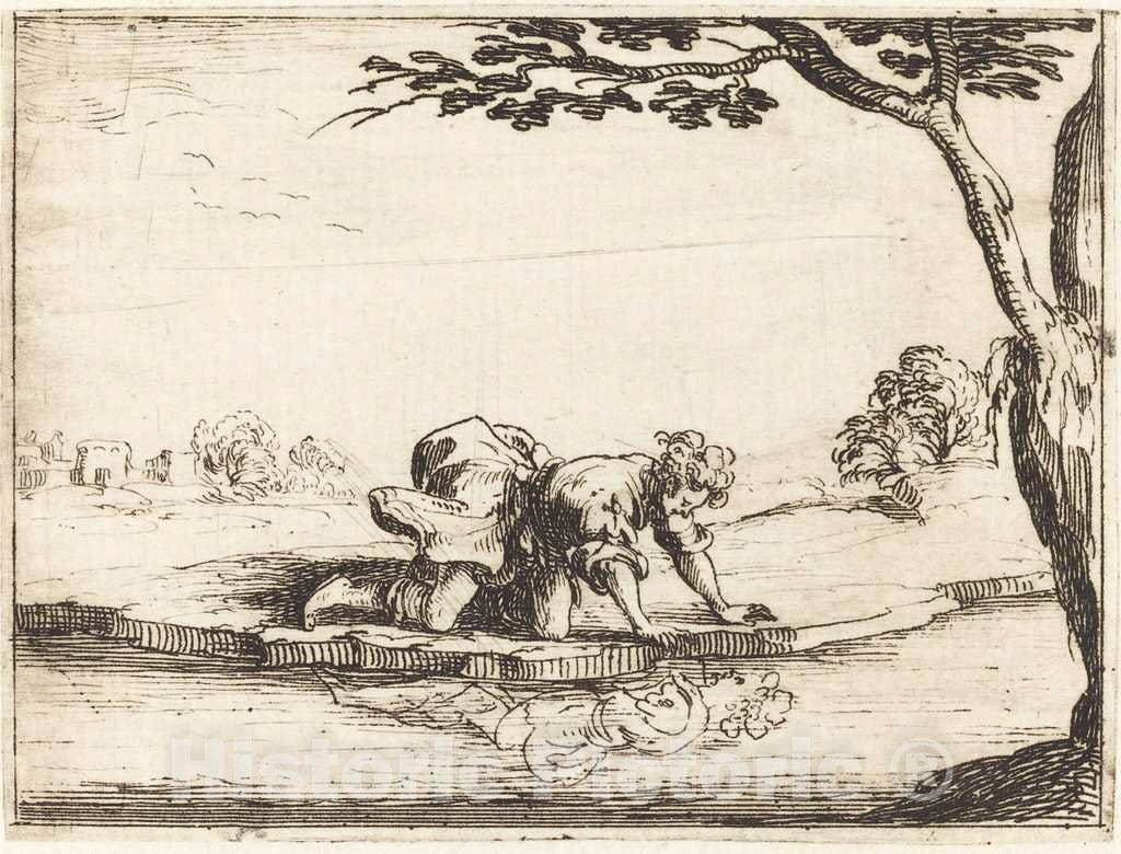 Art Print : Jacques Callot, Narcissus Looking in The Water, 1628 - Vintage Wall Art