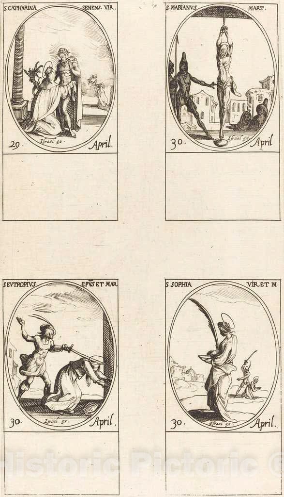 Art Print : Jacques Callot, St. Catharine of Siena; St. Marian; St. Eutropius; St. Sophia - Vintage Wall Art